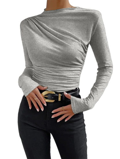 Asymmetric Pleated Long-Sleeve Top with Ruched Waist and Fitted Silhouette