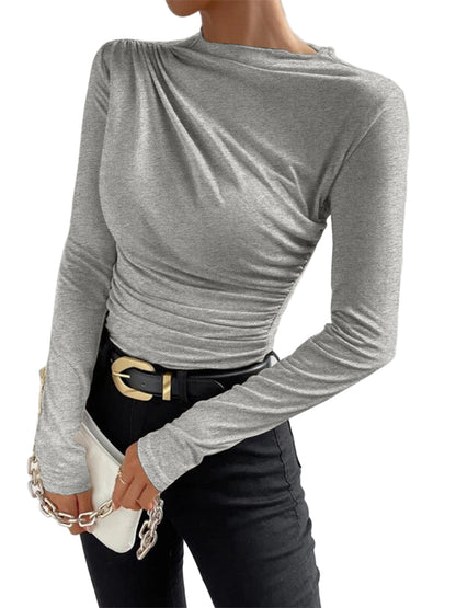 Asymmetric Pleated Long-Sleeve Top with Ruched Waist and Fitted Silhouette