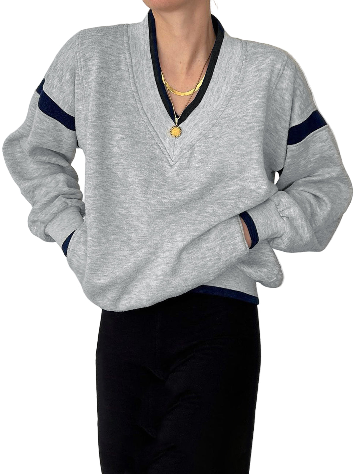 Oversized V-Neck Sweatshirt with Contrast Trim