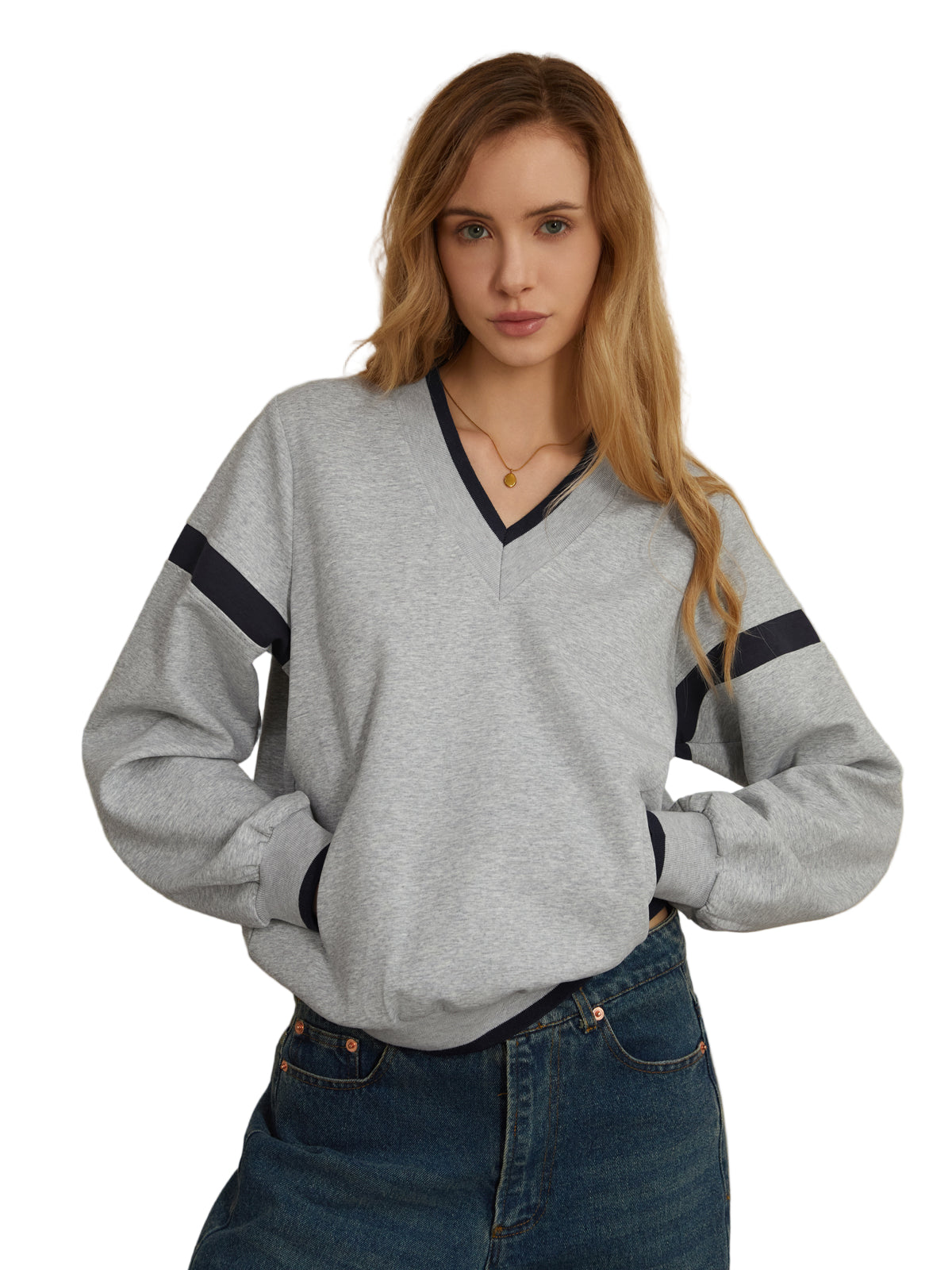 Oversized V-Neck Sweatshirt with Contrast Trim