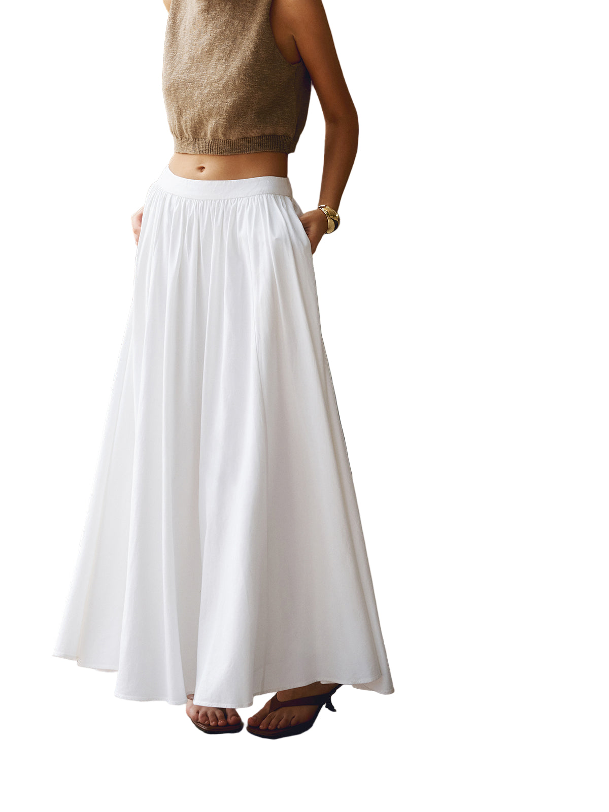 High-Waist Pleated Linen-Blend Maxi Skirt
