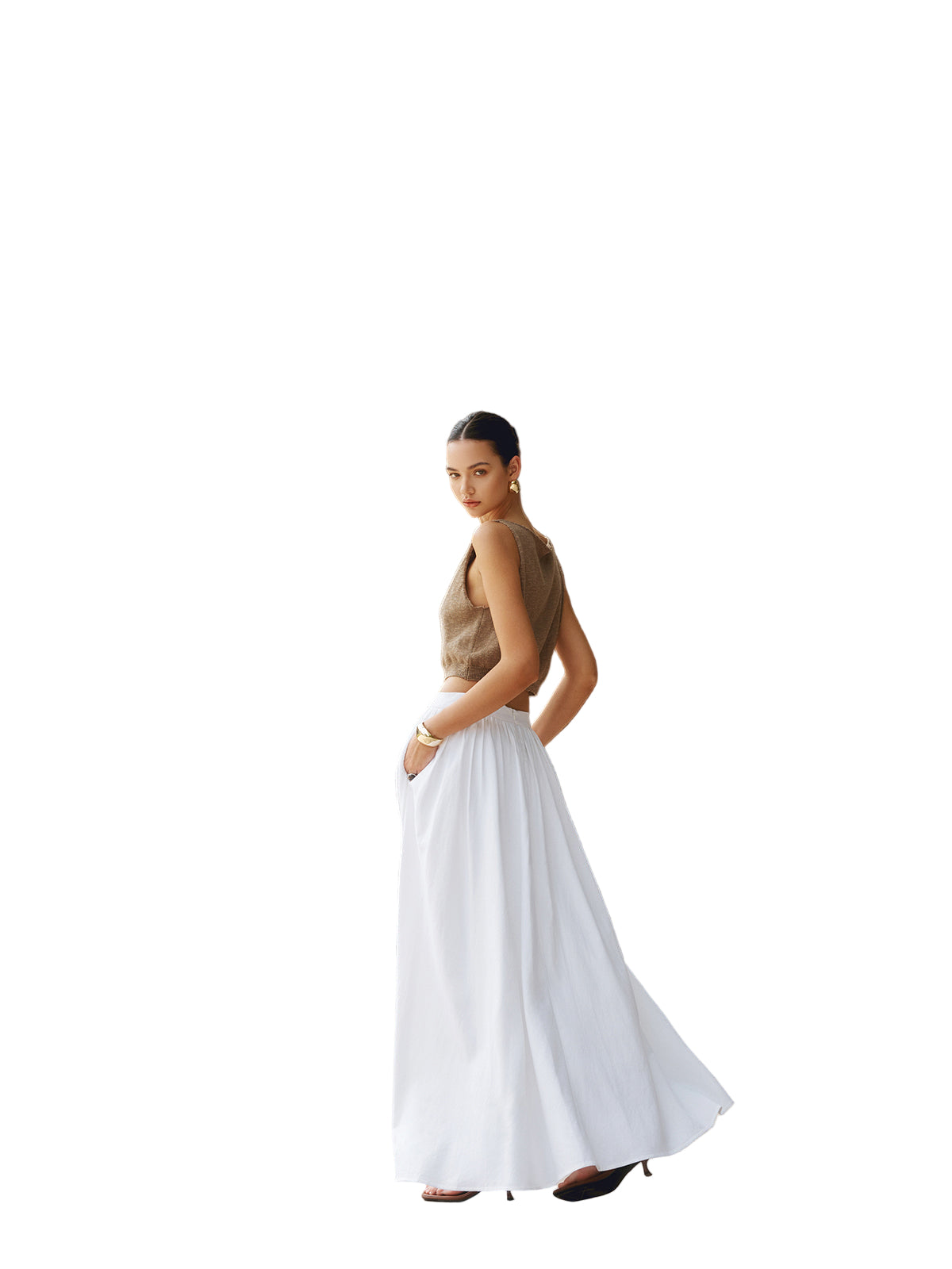 High-Waist Pleated Linen-Blend Maxi Skirt