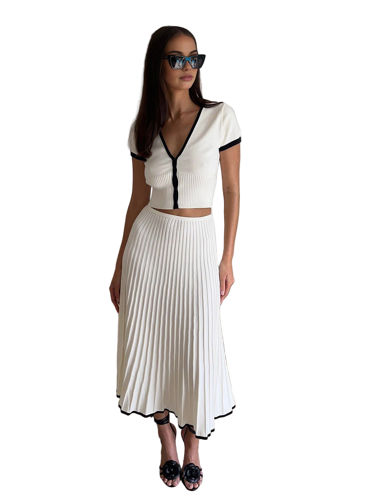 Contrast Trim Knit Top and Midi Skirt Set