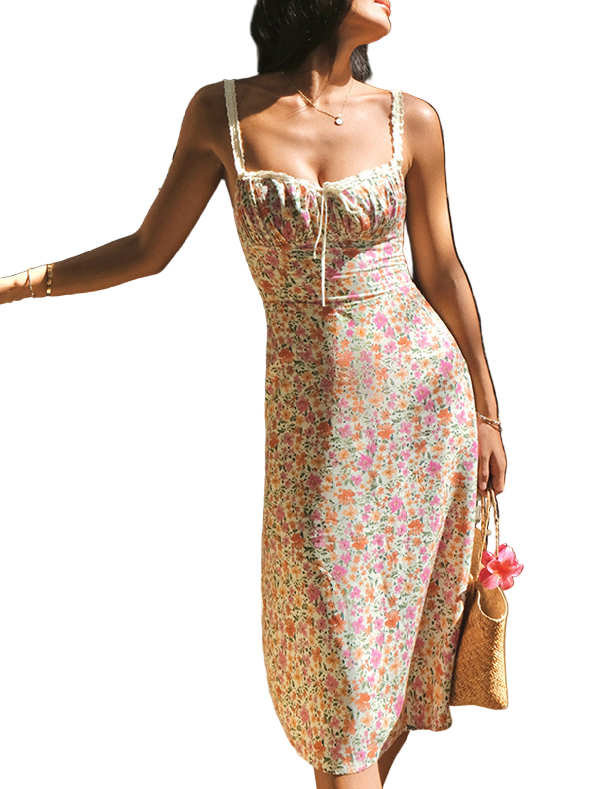 Floral Print Midi Dress with Lace Trim and Bust Tie Detail