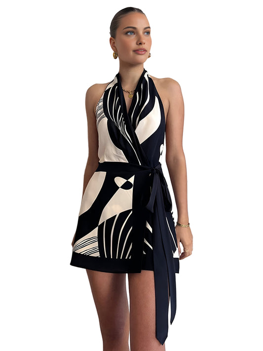 Halter Neck Wrap Mini Dress with Abstract Print and Tie Waist