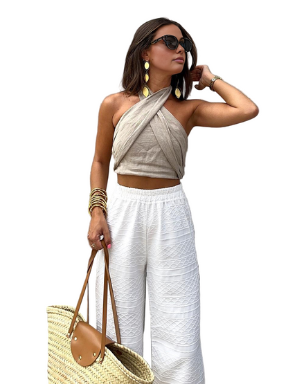 Linen Blend Halter Crop Top with Knotted Front
