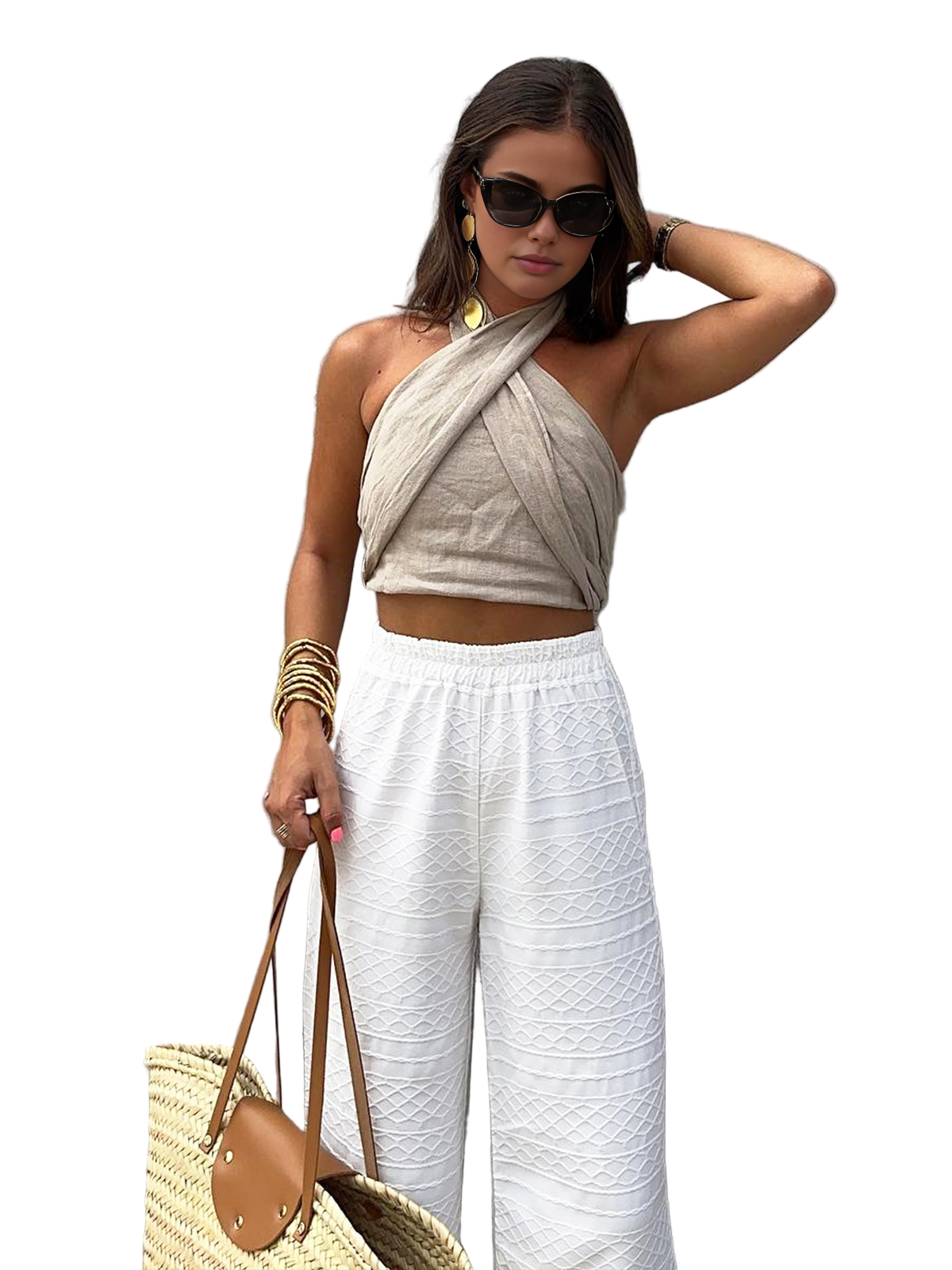 Linen Blend Halter Crop Top with Knotted Front