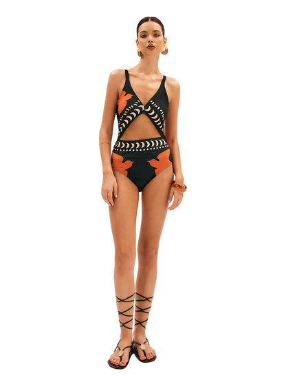 Bird-Print Cutout Swimsuit with Removable Padded Cups and Pull-On Design