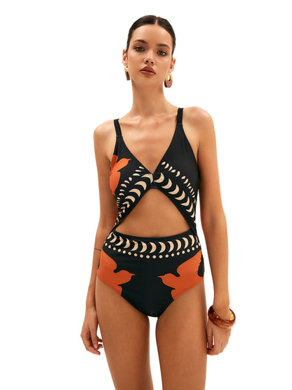 Bird-Print Cutout Swimsuit with Removable Padded Cups and Pull-On Design