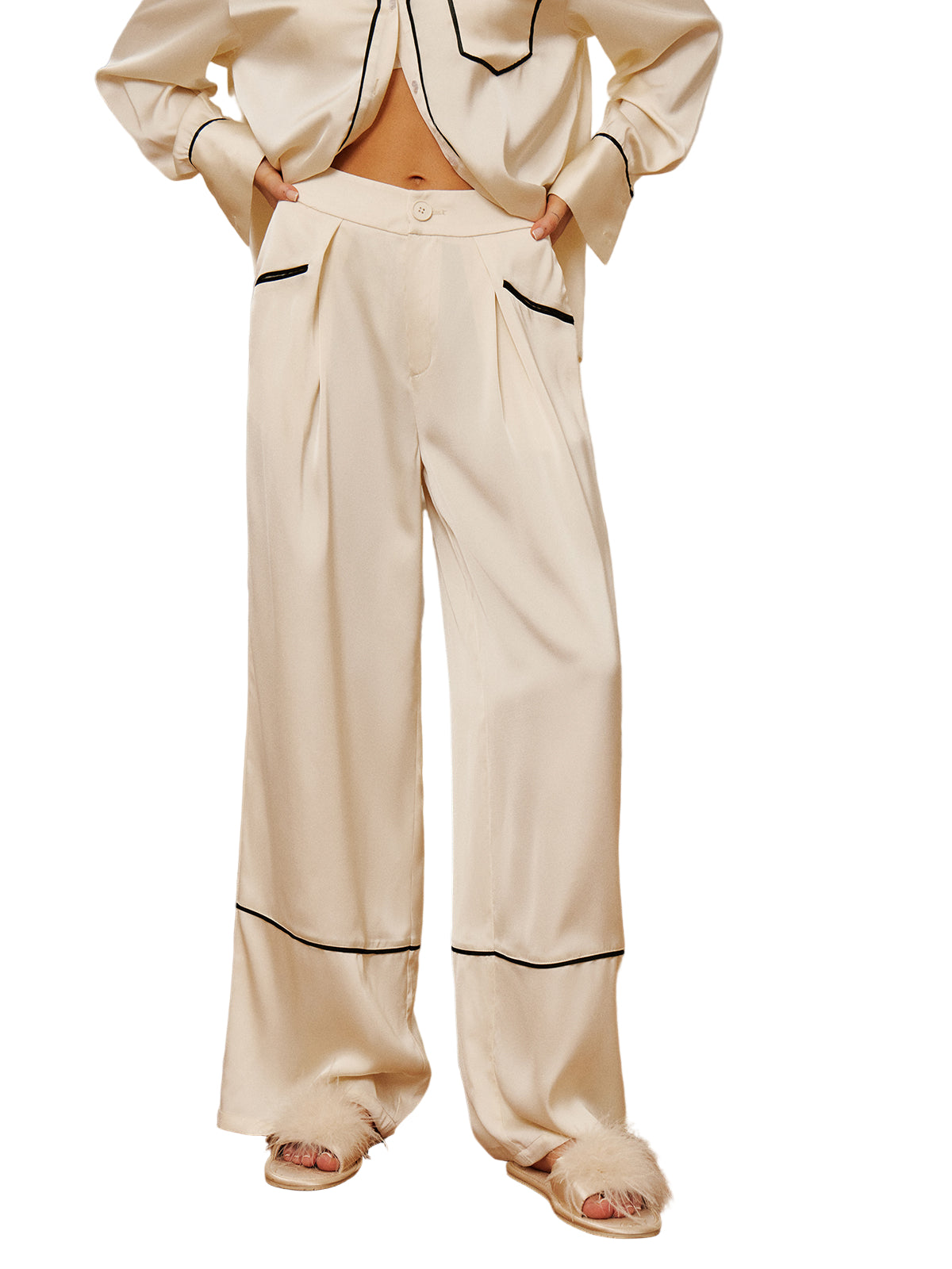 Wide-Leg Lounge Pants with Pleated Front, Contrast Side Piping, and High-Rise Waist