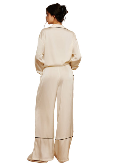 Wide-Leg Lounge Pants with Pleated Front, Contrast Side Piping, and High-Rise Waist