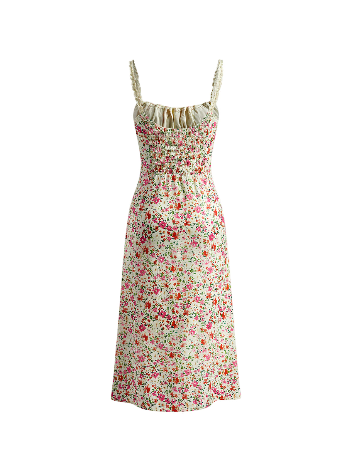 Floral Print Midi Dress with Lace Trim and Bust Tie Detail