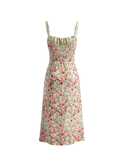 Floral Print Midi Dress with Lace Trim and Bust Tie Detail