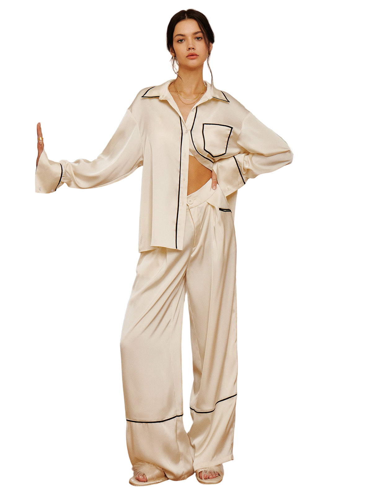 Wide-Leg Lounge Pants with Pleated Front, Contrast Side Piping, and High-Rise Waist