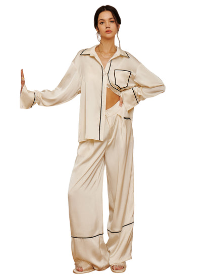 Wide-Leg Lounge Pants with Pleated Front, Contrast Side Piping, and High-Rise Waist