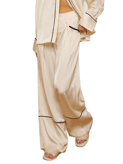 Wide-Leg Lounge Pants with Pleated Front, Contrast Side Piping, and High-Rise Waist
