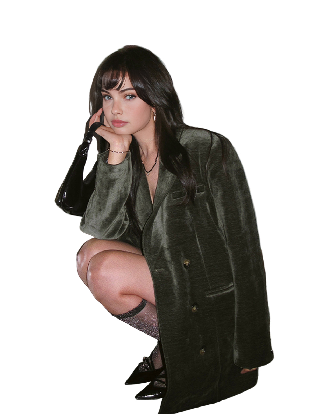 Velvet Blazer with Structured Shoulders and Button Front