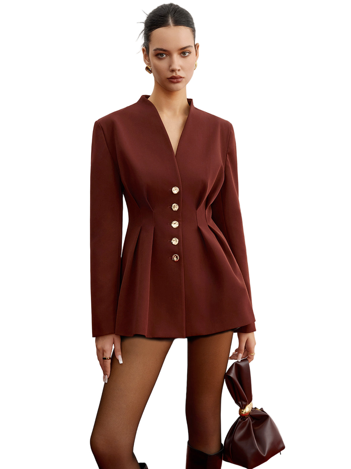 Structured Blazer with Pleated Waist and Metal Button Closure