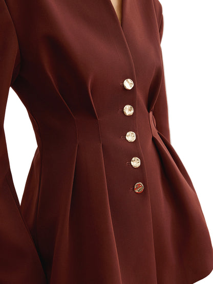 Structured Blazer with Pleated Waist and Metal Button Closure