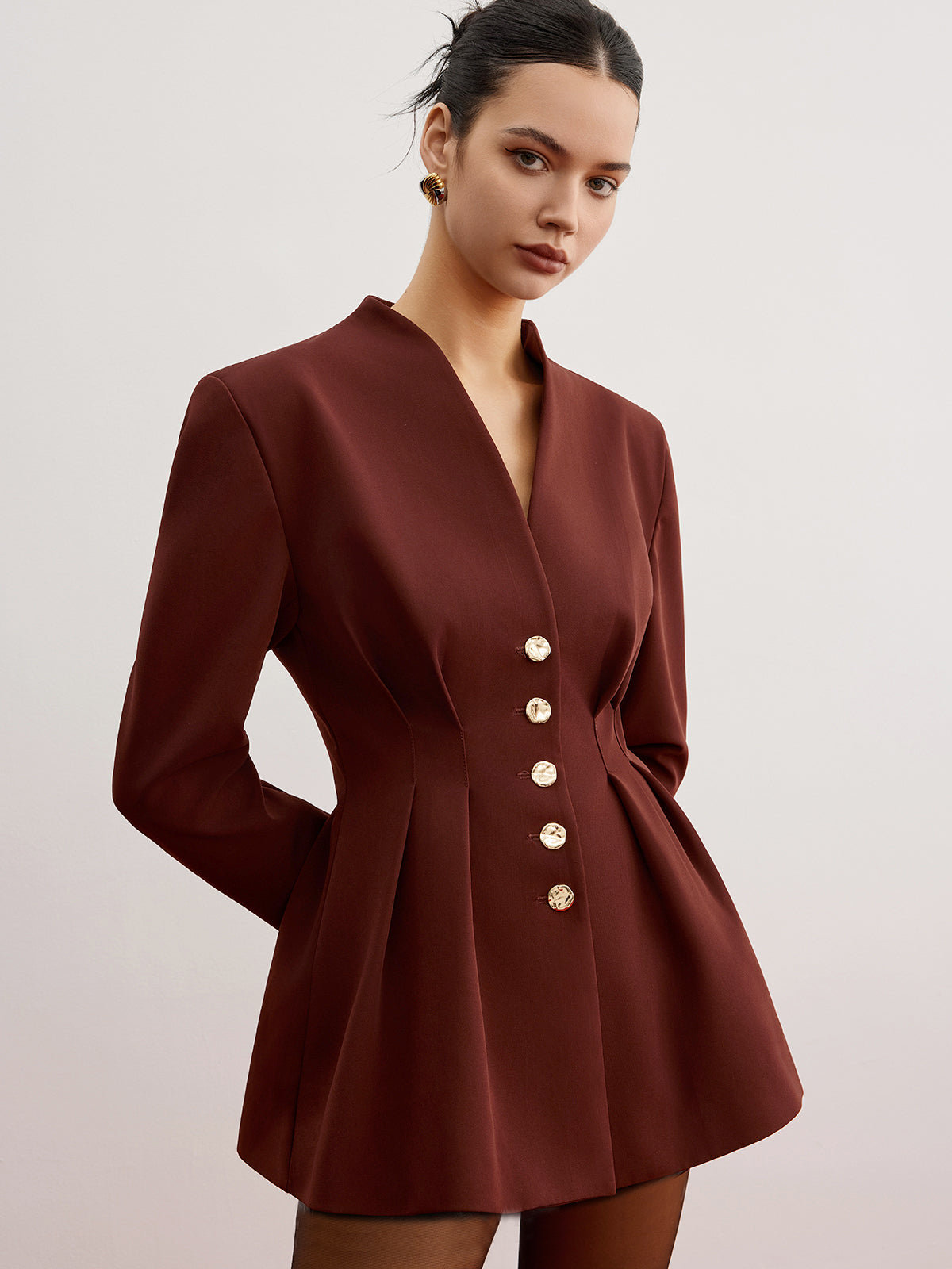 Structured Blazer with Pleated Waist and Metal Button Closure