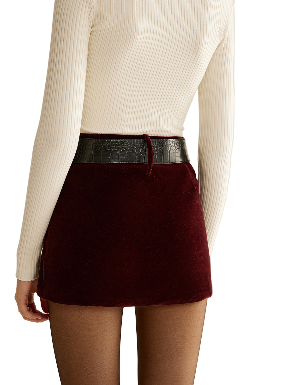 Velvet Mini Skirt with Croc-Texture Belt