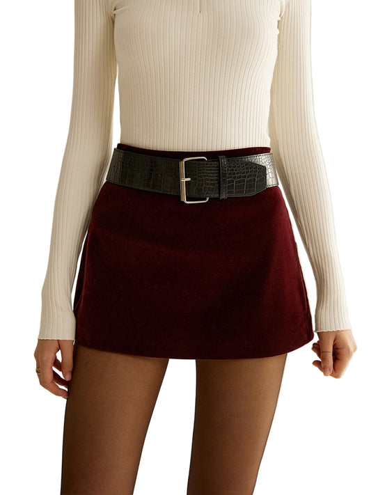 Velvet Mini Skirt with Croc-Texture Belt