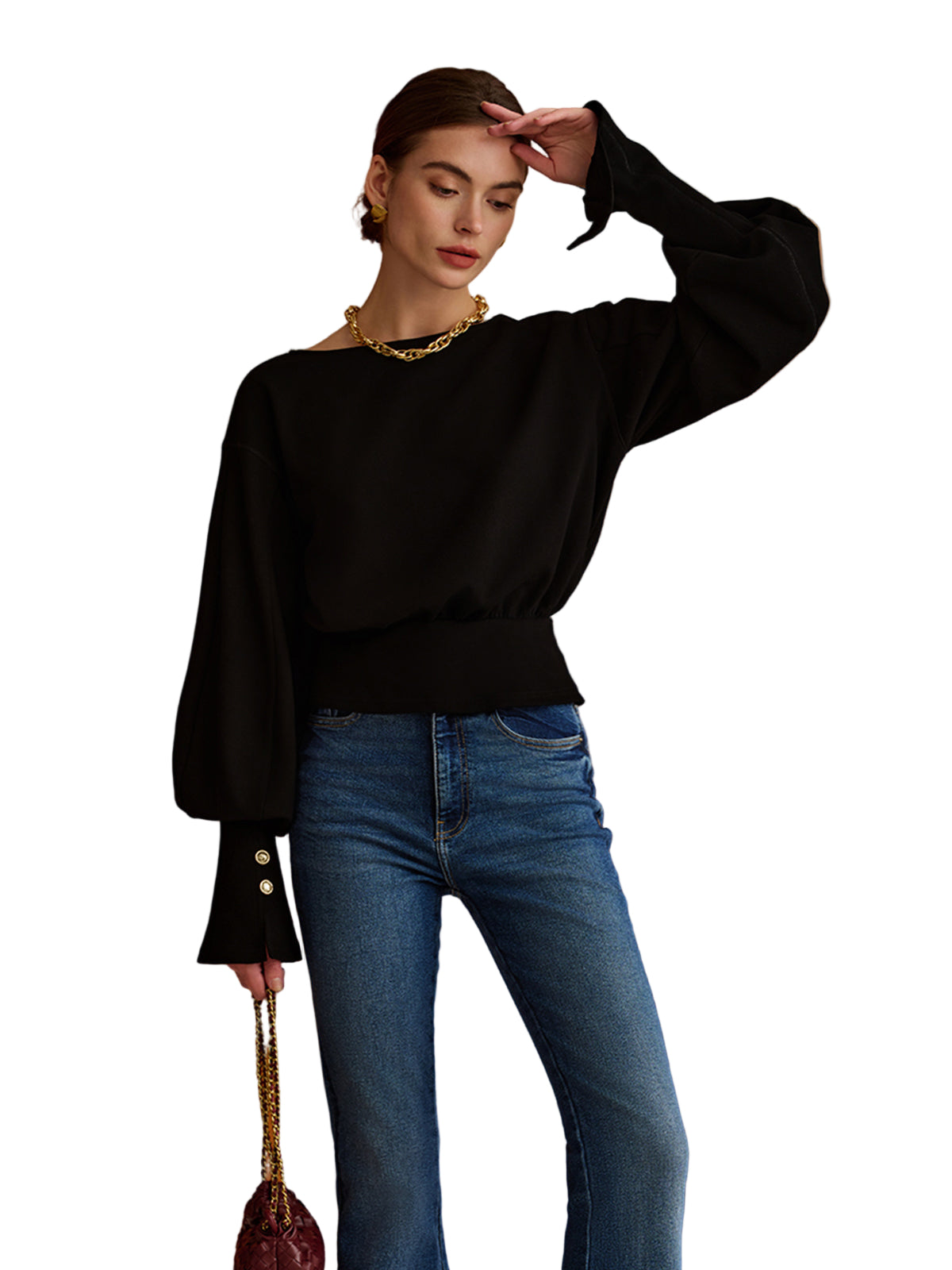 Balloon Sleeve Knit Sweater with Cinched Waist and Button Cuffs