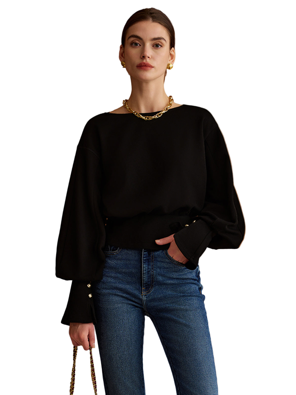 Balloon Sleeve Knit Sweater with Cinched Waist and Button Cuffs