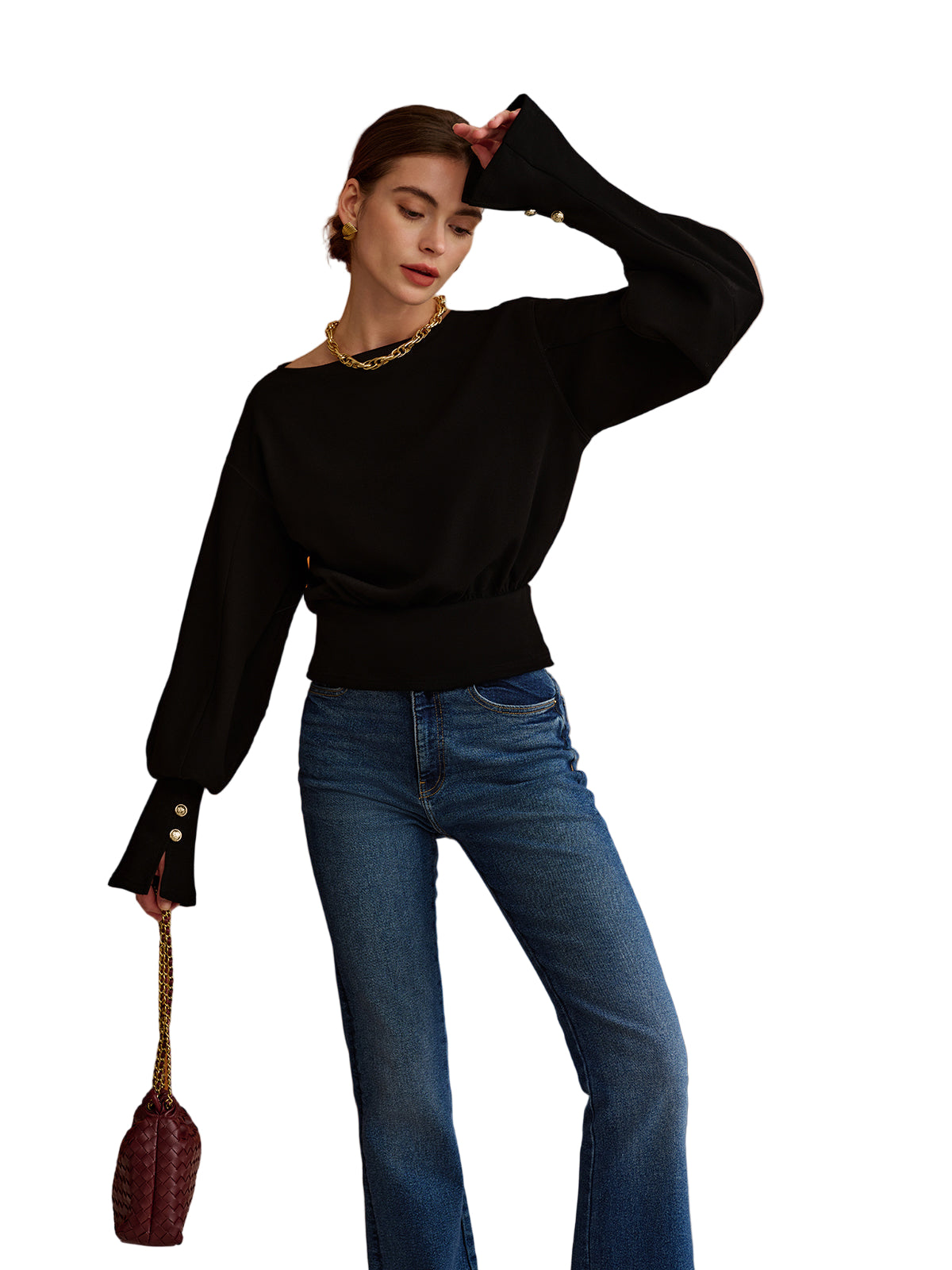 Balloon Sleeve Knit Sweater with Cinched Waist and Button Cuffs