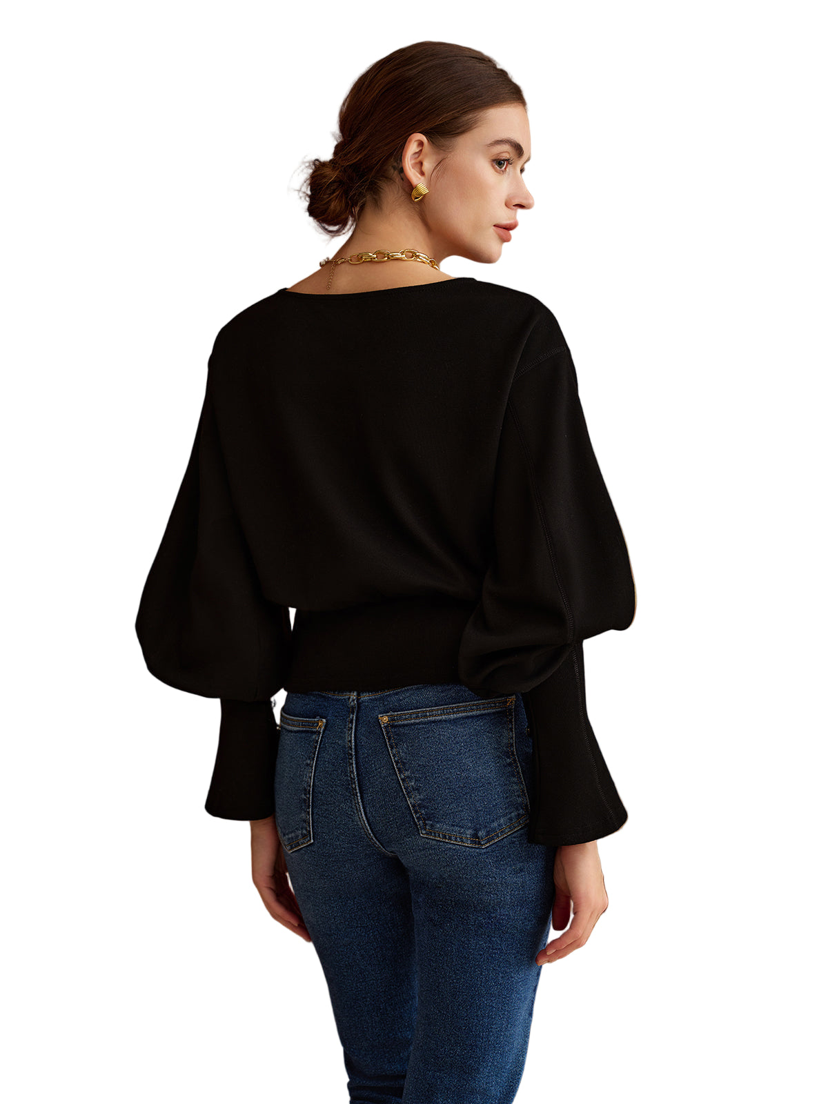 Balloon Sleeve Knit Sweater with Cinched Waist and Button Cuffs