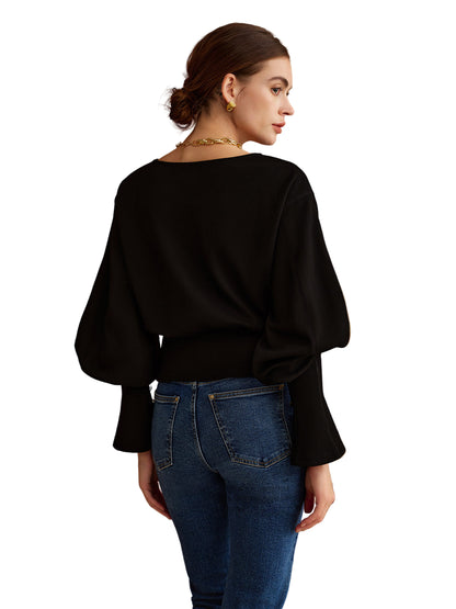 Balloon Sleeve Knit Sweater with Cinched Waist and Button Cuffs