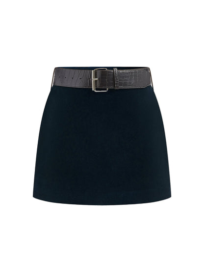Velvet Mini Skirt with Croc-Texture Belt