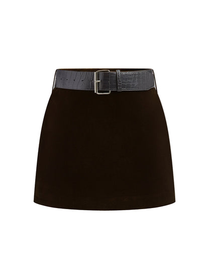 Velvet Mini Skirt with Croc-Texture Belt