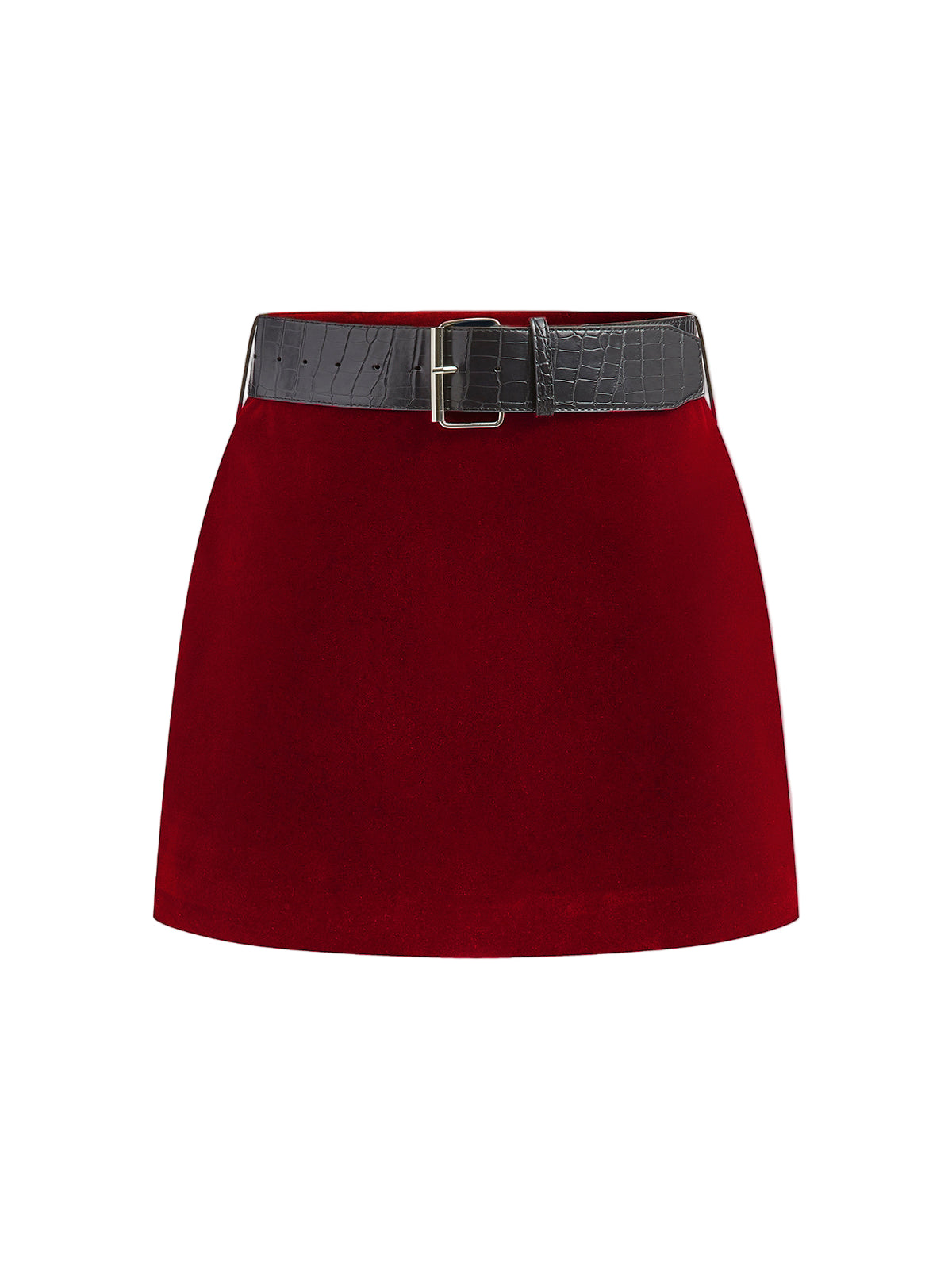 Velvet Mini Skirt with Croc-Texture Belt