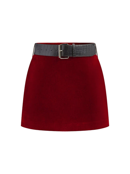 Velvet Mini Skirt with Croc-Texture Belt