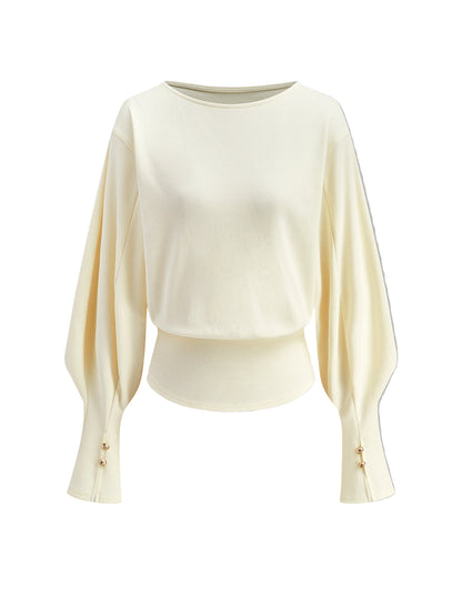 Balloon Sleeve Knit Sweater with Cinched Waist and Button Cuffs