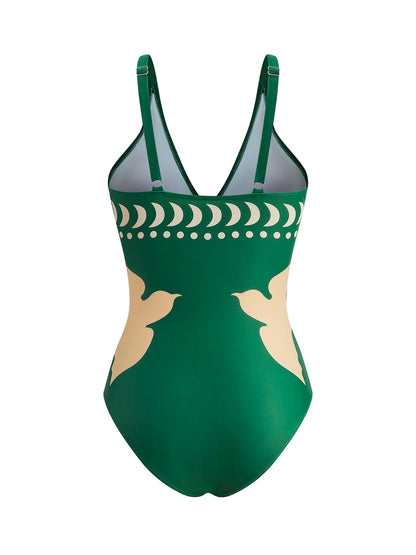 Bird-Print Cutout Swimsuit with Removable Padded Cups and Pull-On Design