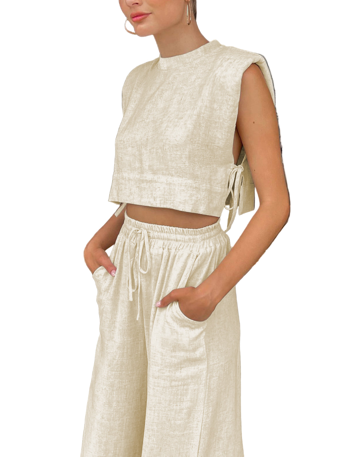 Sleeveless Crop Top and Wide-Leg Pants Co-Ord Set in Linen-Blend Material