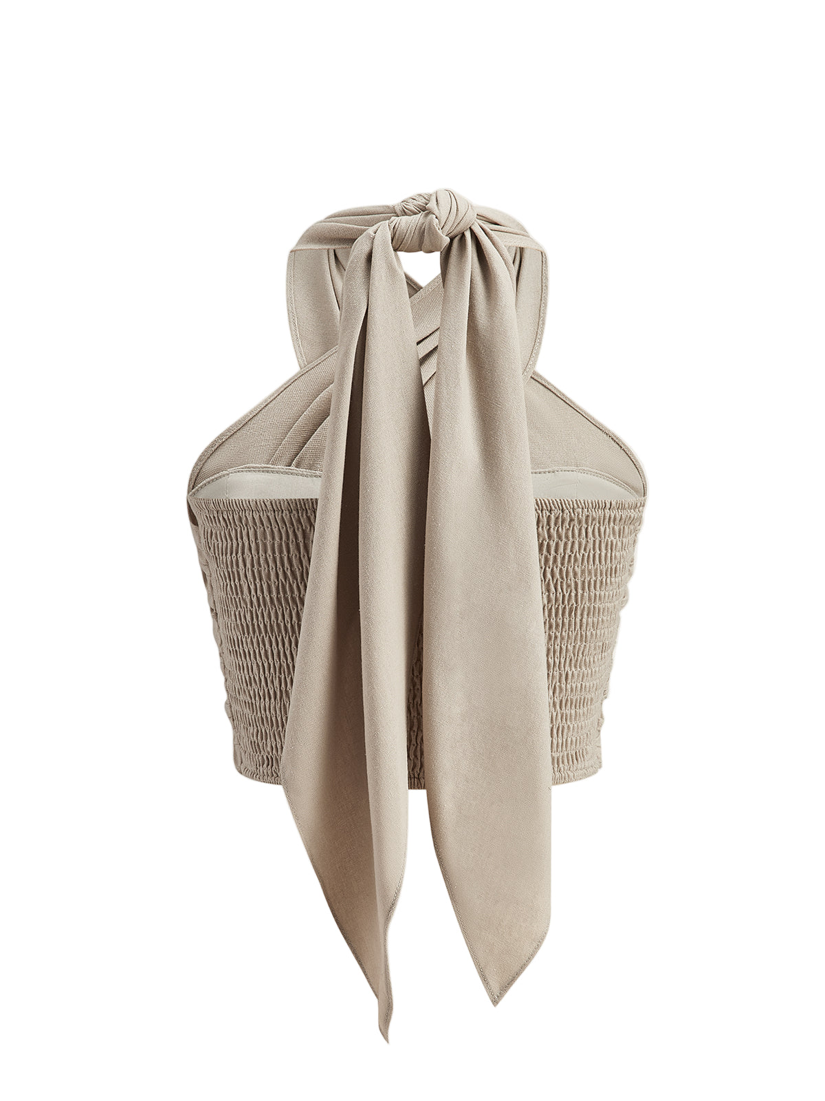 Linen Blend Halter Crop Top with Knotted Front