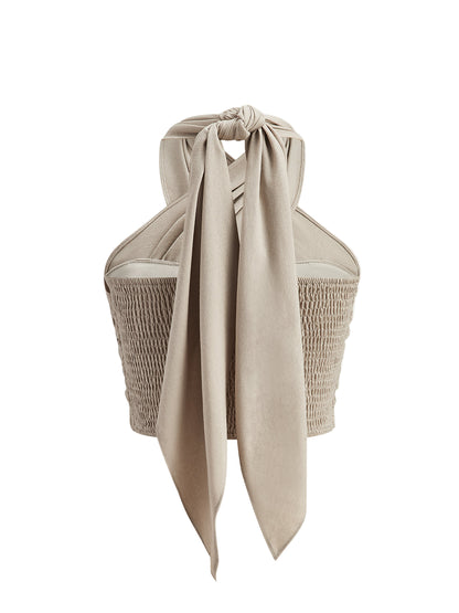 Linen Blend Halter Crop Top with Knotted Front