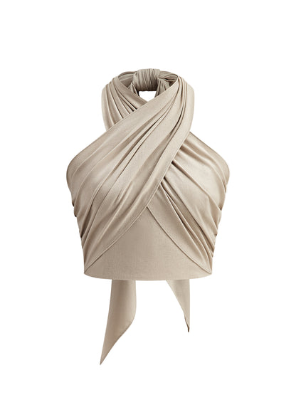 Linen Blend Halter Crop Top with Knotted Front