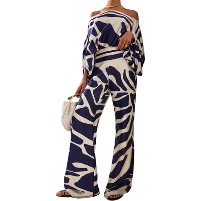Off-Shoulder Batwing Top and Wide-Leg Pants Set with Wave Print and Satin Finish
