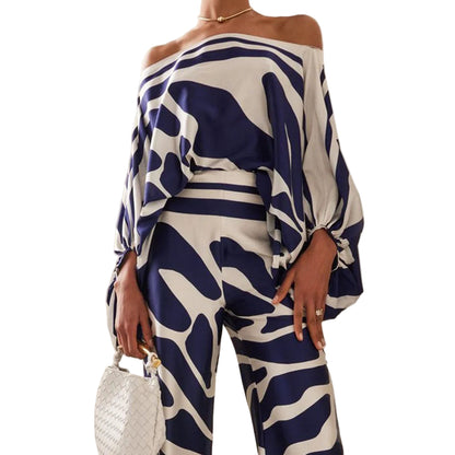 Off-Shoulder Batwing Top and Wide-Leg Pants Set with Wave Print and Satin Finish