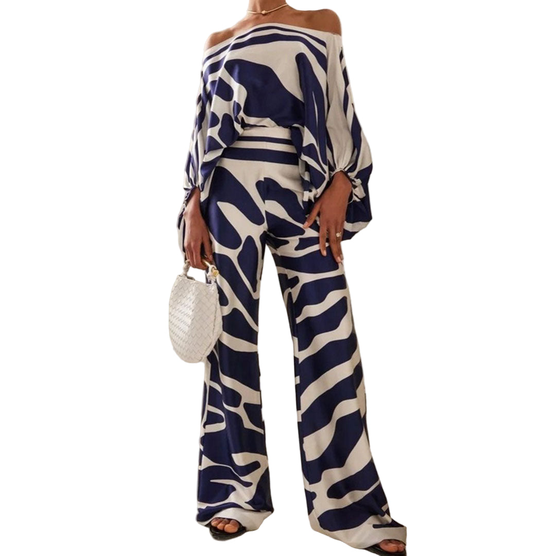Off-Shoulder Batwing Top and Wide-Leg Pants Set with Wave Print and Satin Finish