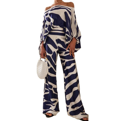 Off-Shoulder Batwing Top and Wide-Leg Pants Set with Wave Print and Satin Finish