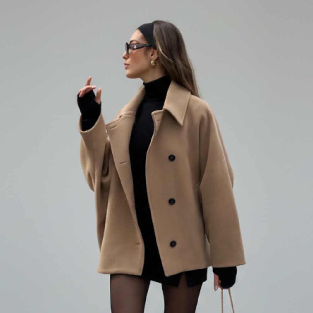 Double-Breasted Short Coat with Wide Lapels and Button Front Closure