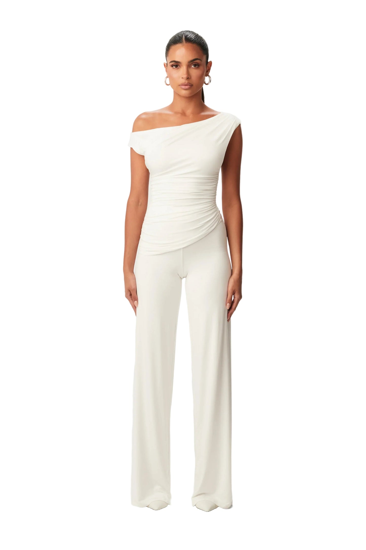 Asymmetric One-Shoulder Top with Ruched Waist and Slip-On Design