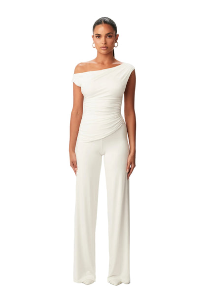 Asymmetric One-Shoulder Top with Ruched Waist and Slip-On Design