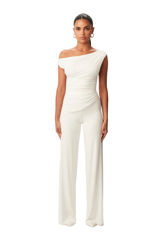 Asymmetric One-Shoulder Top with Ruched Waist and Slip-On Design