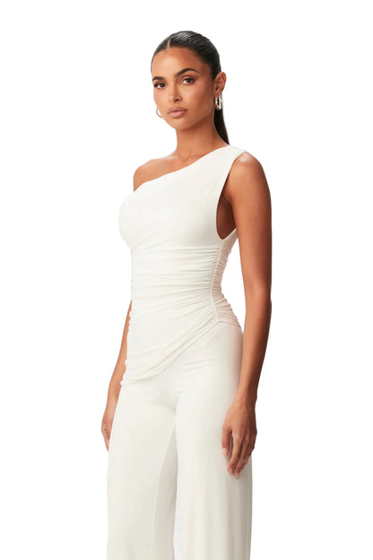 Asymmetric One-Shoulder Top with Ruched Waist and Slip-On Design